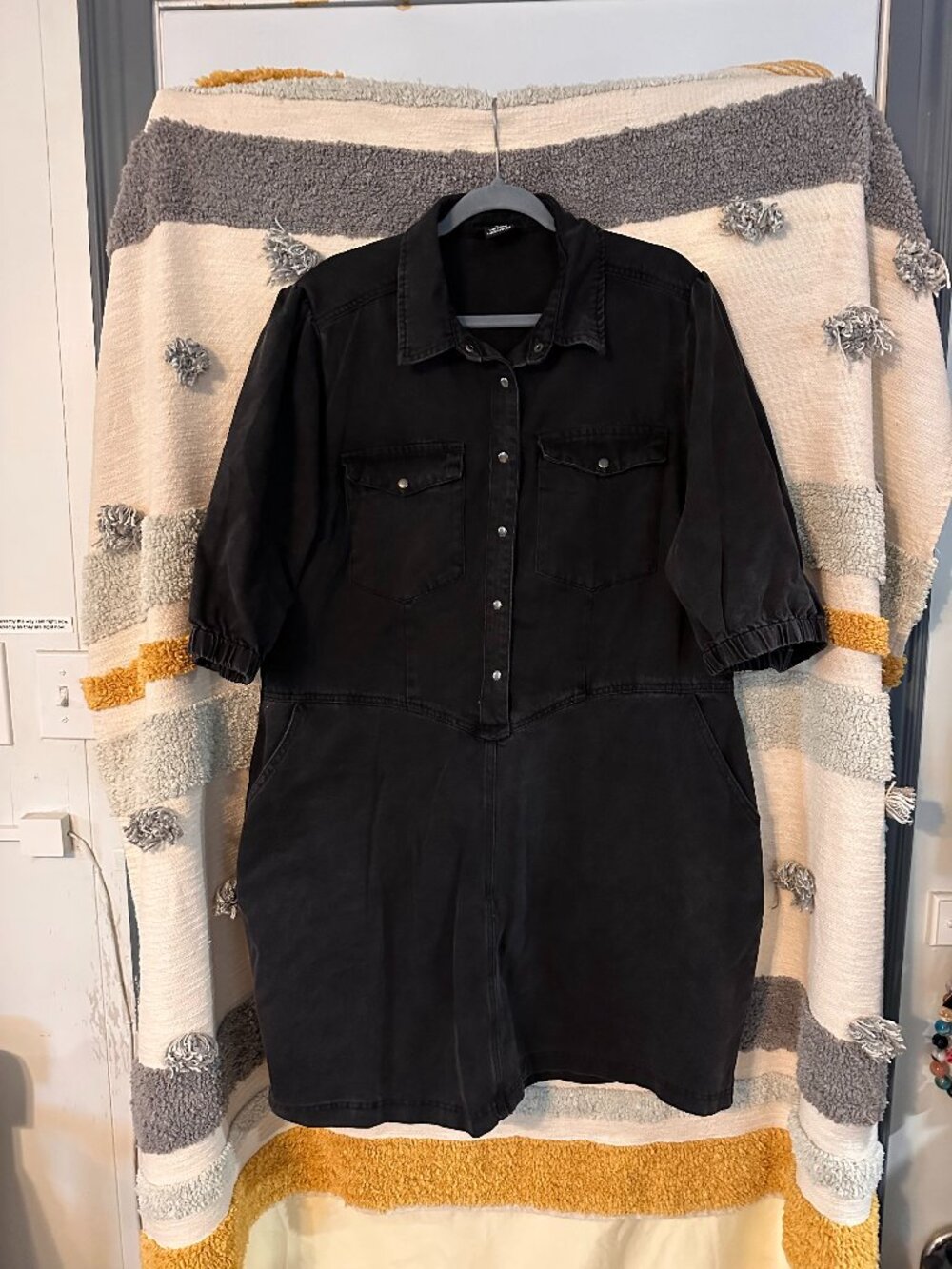 City Chic Black Denim Snap Front Puff Sleeve Utility Shirt Dress - M/18